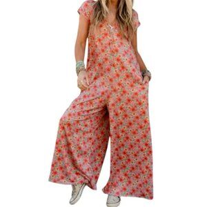 Three Bird Nest Daphne Coral Floral Patterned Jumpsuit SMALL BOHO JUMPSUIT